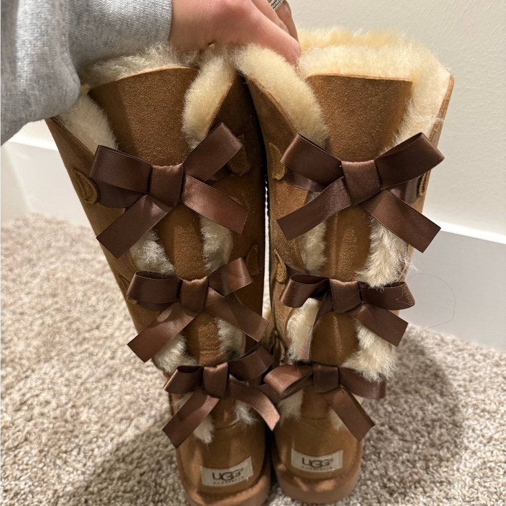 UGG Tan Fur-Lined Boots with Bows